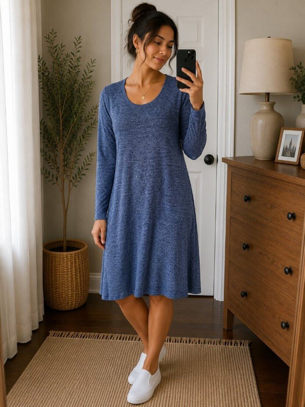 Women’s XL Blue Heather Long Sleeve Sweater Knit Dress Casual Soft Stretch Midi